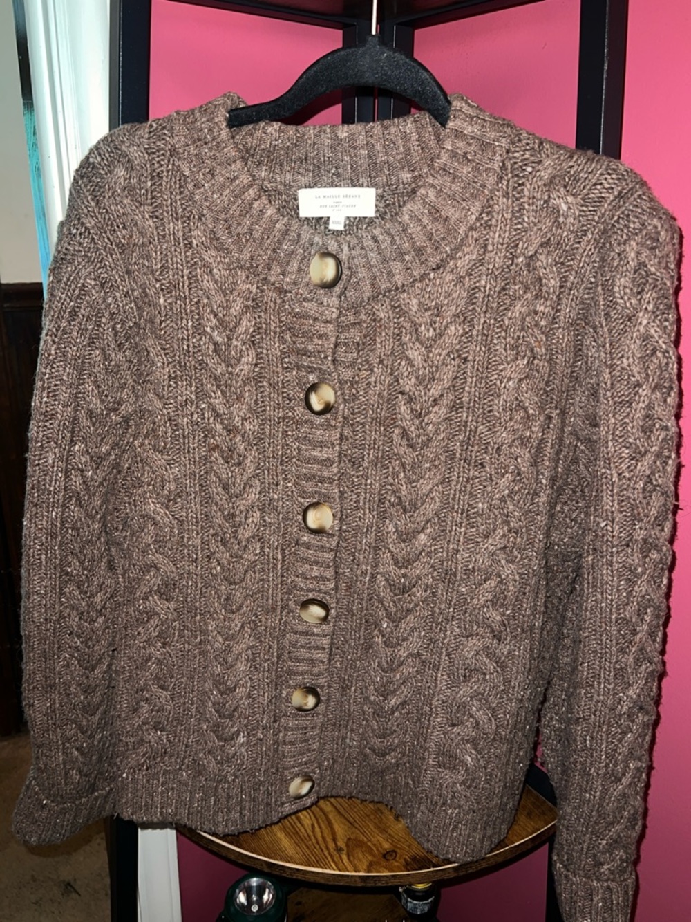 Sezane ANDINA Textured Cable Knit Oversized Cardigan Sweater - Brown